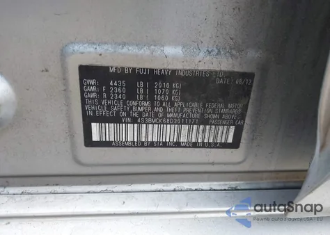 2013 Subaru Legacy 2.5I Limited from USA, damaged, VIN 4S3BMCK68D3011171